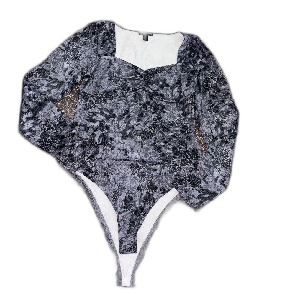Aqua Black Gray Snake Print Ruched Long Sleeve Bodysuit Size Small
